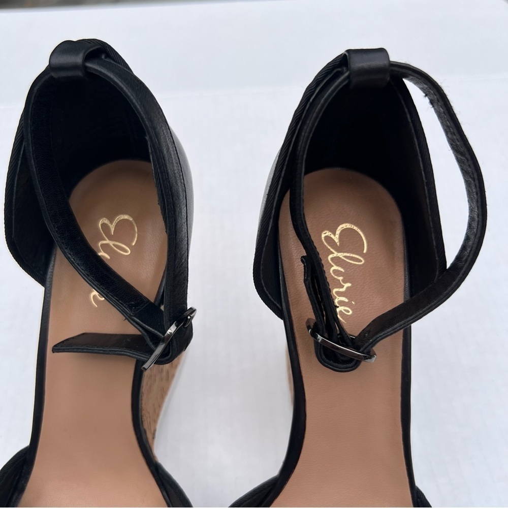 Elorie Leather Piper Two-Piece Cork Tread Wedge size 8 black like new - Picture 4 of 9